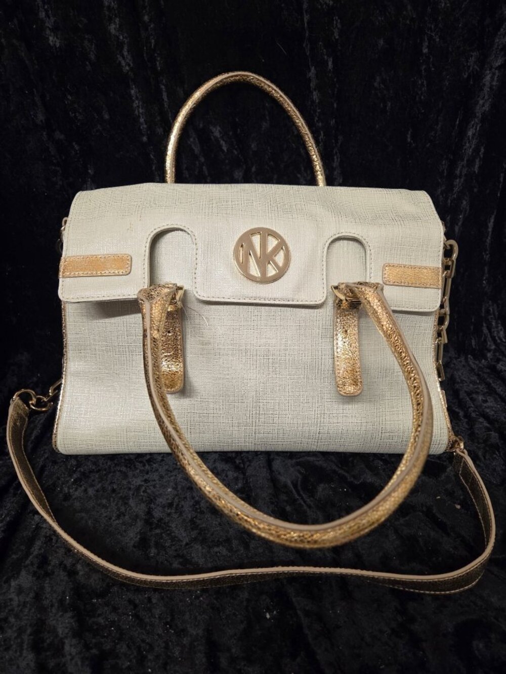 NAEEM KHAN Timeless Handbag Gold Accents White Textured